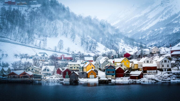 Norwegian fjord village in winter.