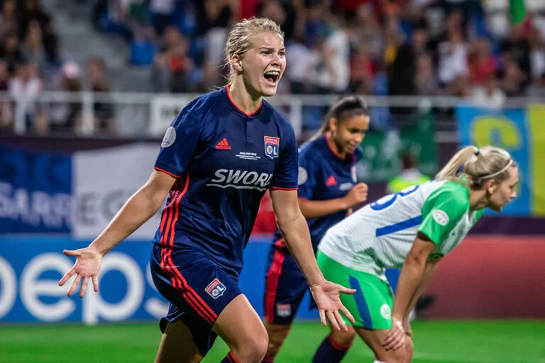 Norway's Ada Hegerberg scores in the 2018 Champions League final for Lyon. Photo: Mikolaj Barbanell / Shutterstock.com.