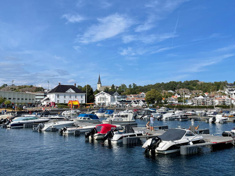 View of Grimstad town centre from the waterfront.