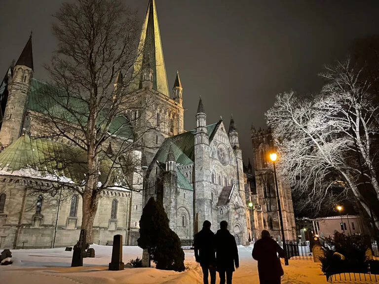 Walking in the grounds of Nidaros Cathedral at night