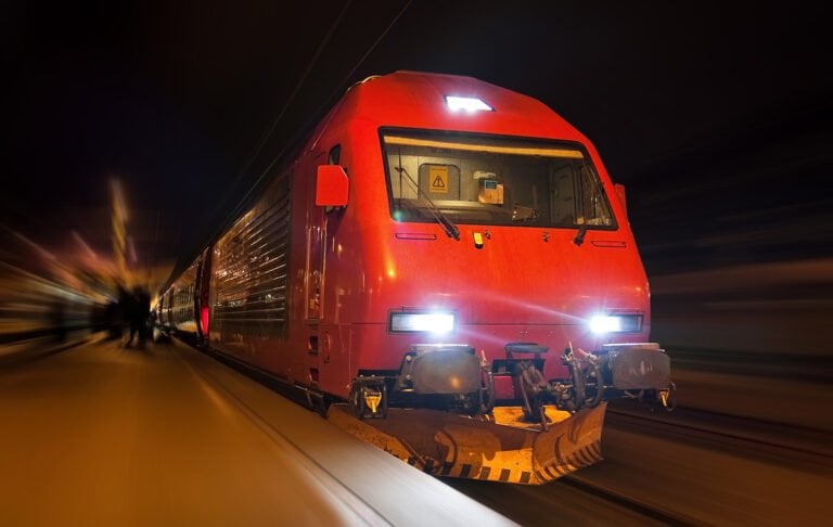 Night train at a station in Norway.