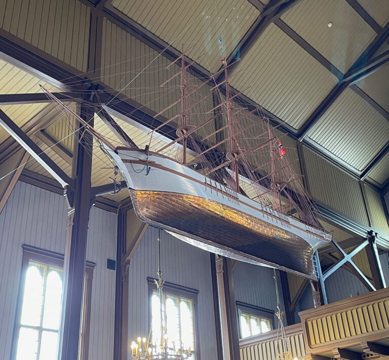 Sailing ship model inside Grimstad church.