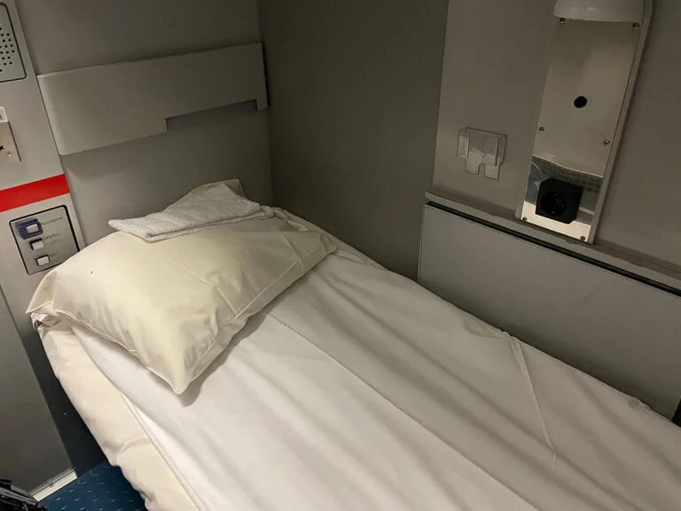 Bed in a sleeping cabin on the Oslo to Trondheim train
