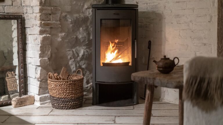 Wood burning stove in Norway living room.