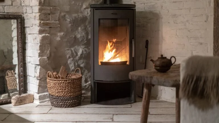 Wood burning stove in Norway living room.