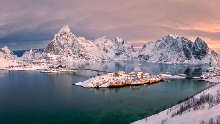 Fishing village and mountain backdrop in Lofoten, Norway