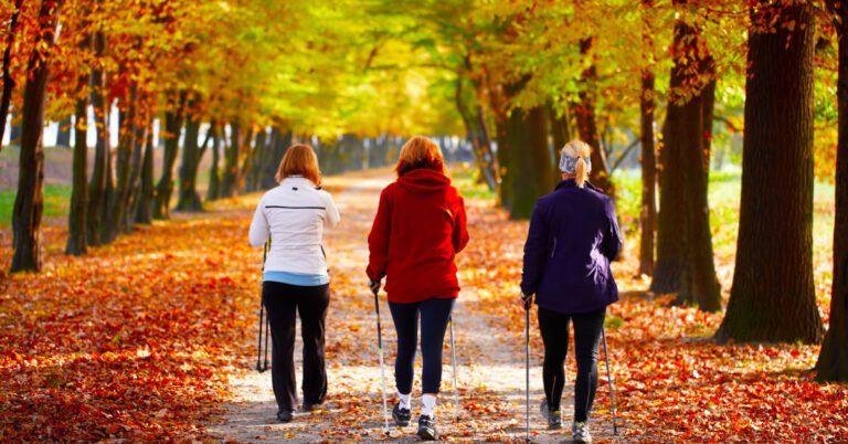 Three friends Nordic Walking in a park during the fall.