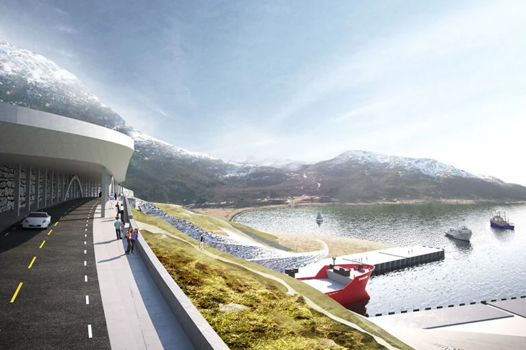 Snøhetta have designed viewpoints for people to watch ships using the tunnel. Image: Kystverket / Snøhetta.