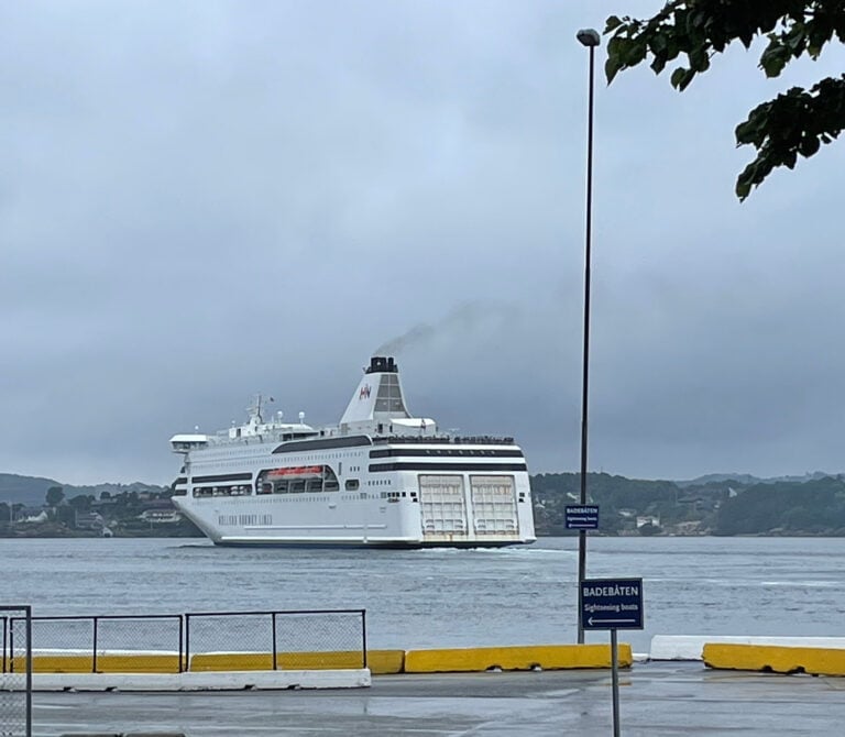 Holland Norway Lines ferry leaving Kristiansand. Photo: David Nikel.