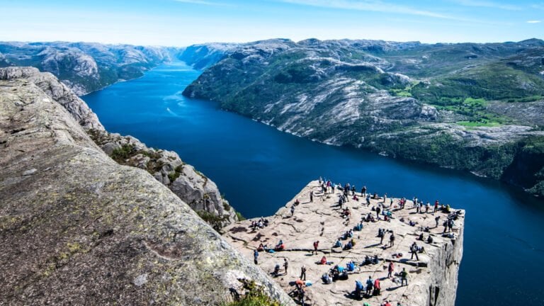 People on Norway's iconic Pulpit Rock hike