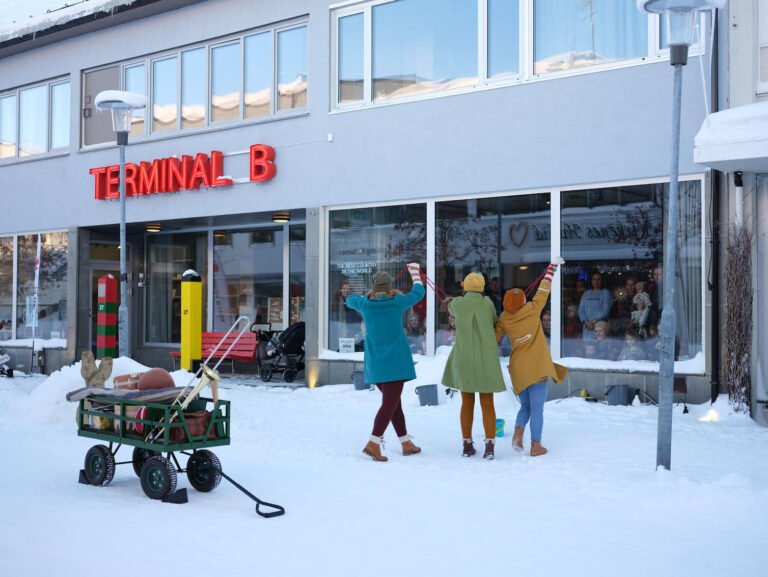 Artists performing outside Pikene på Broen, an artist collective in Norway near the Russian border. Pikene på Broen/Torben Kule.