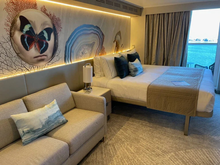 Typical balcony room on the Norwegian Prima cruise ship.