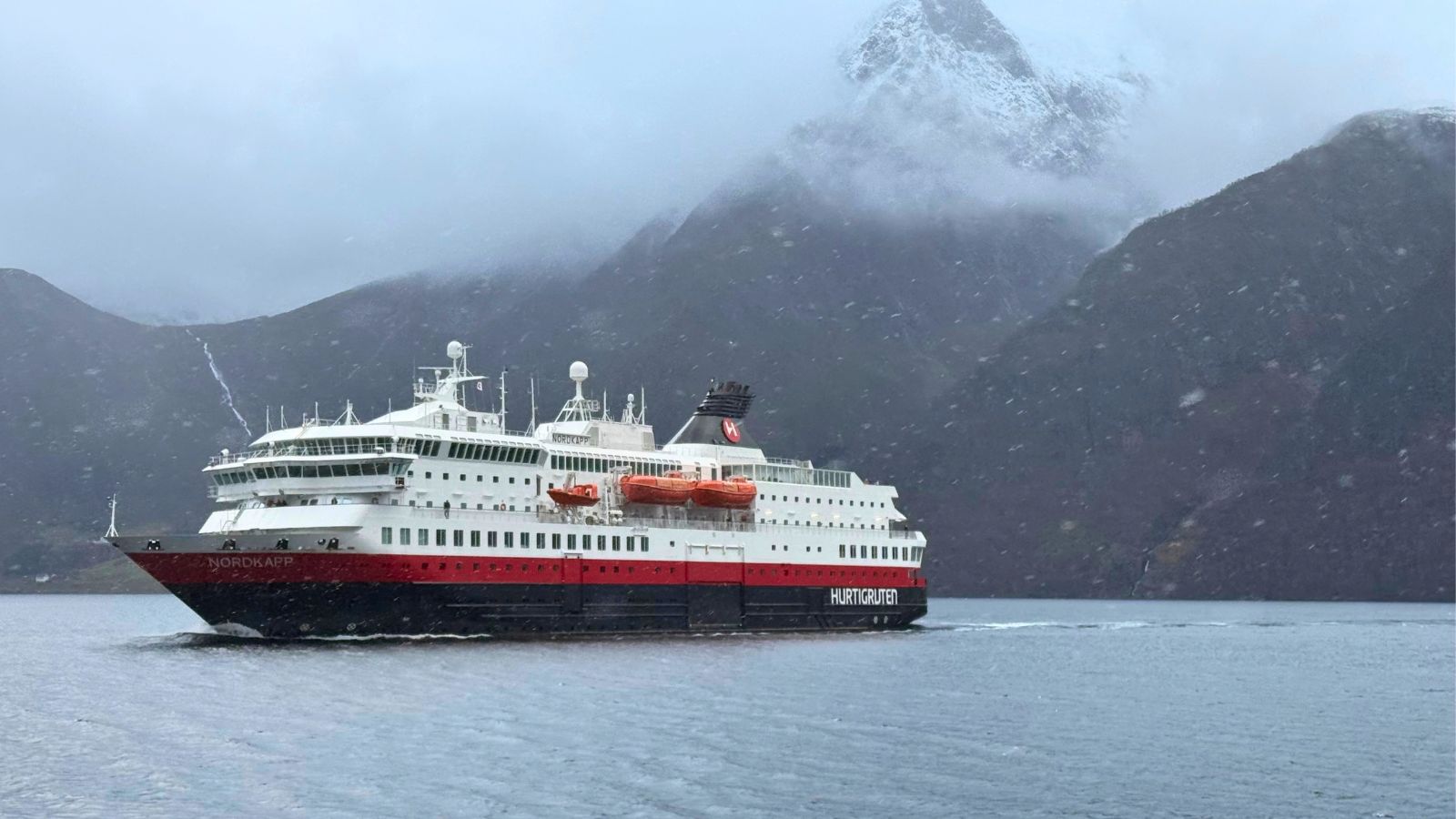 Hurtigrtuen coastal cruise ferry in the Hjørunfjord of Norway. Photo: David Nikel.