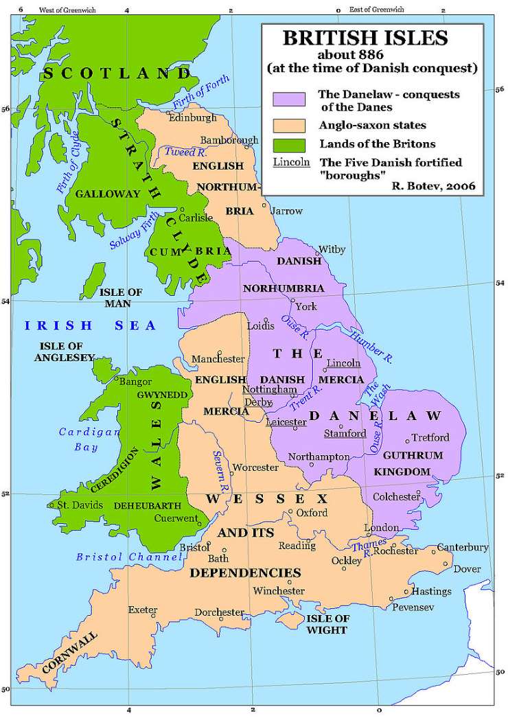 Map of Danelaw around the year 886.
