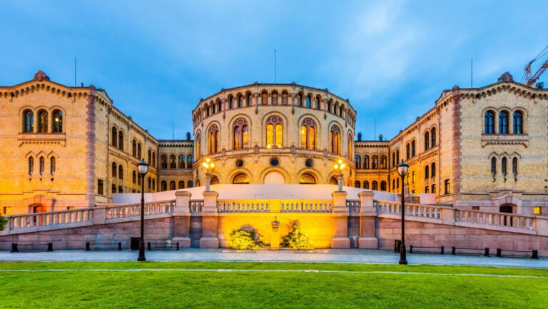 Norwegian parliament building in the evening.