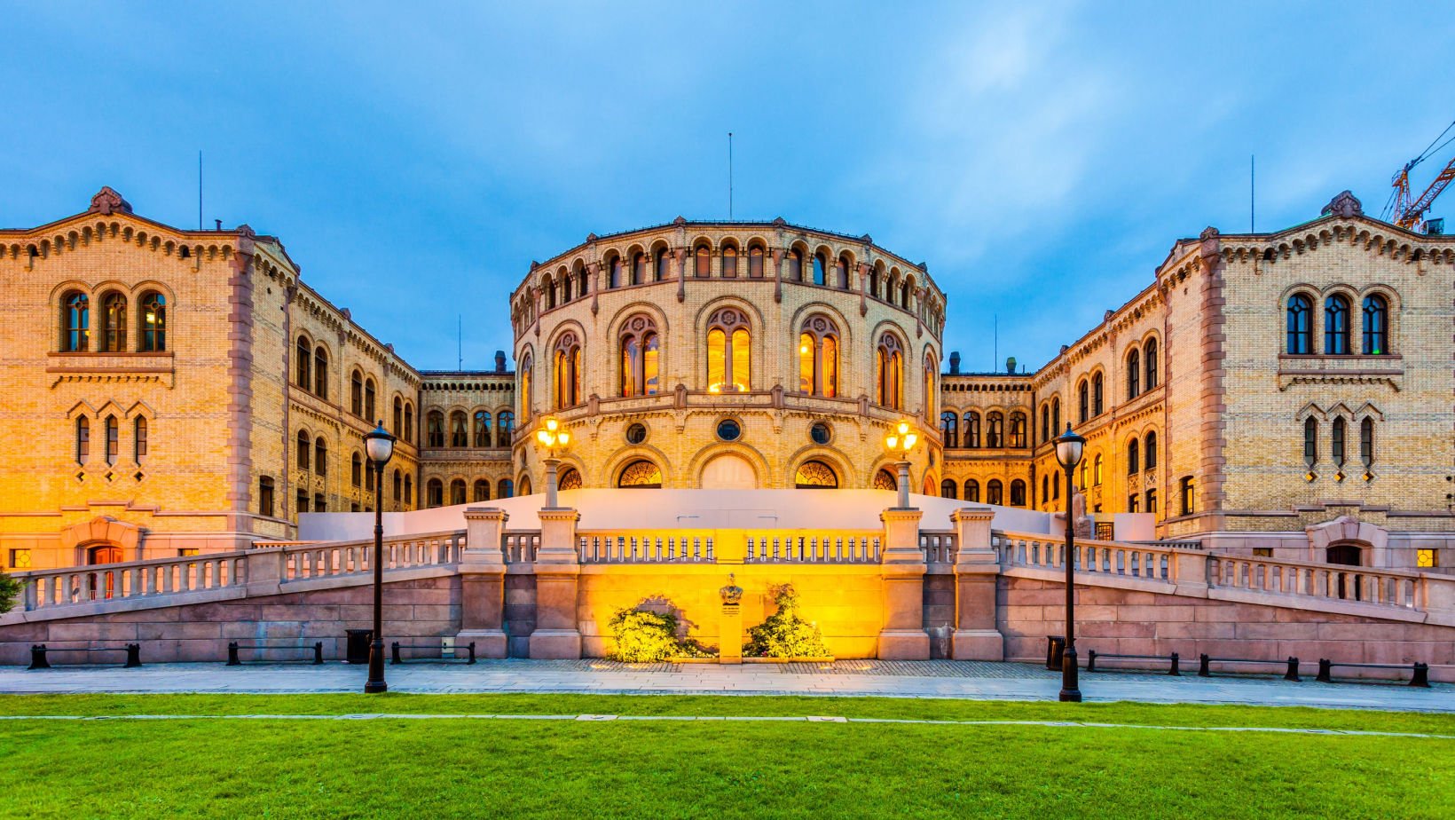 Norwegian parliament building in the evening.