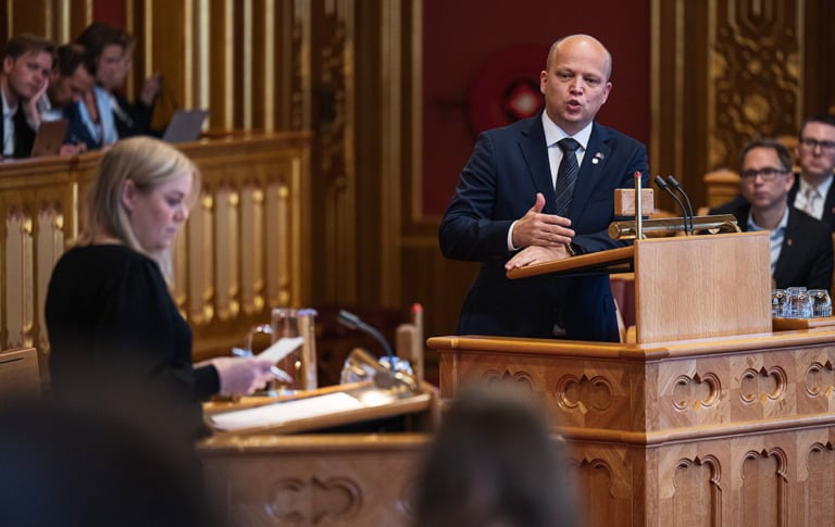Norway's finance minister Trygve Slagsvold Vedum delivering the 2023 state budget proposal in the Norwegian parliament. Photo: Benjamin A. Ward/Stortinget.