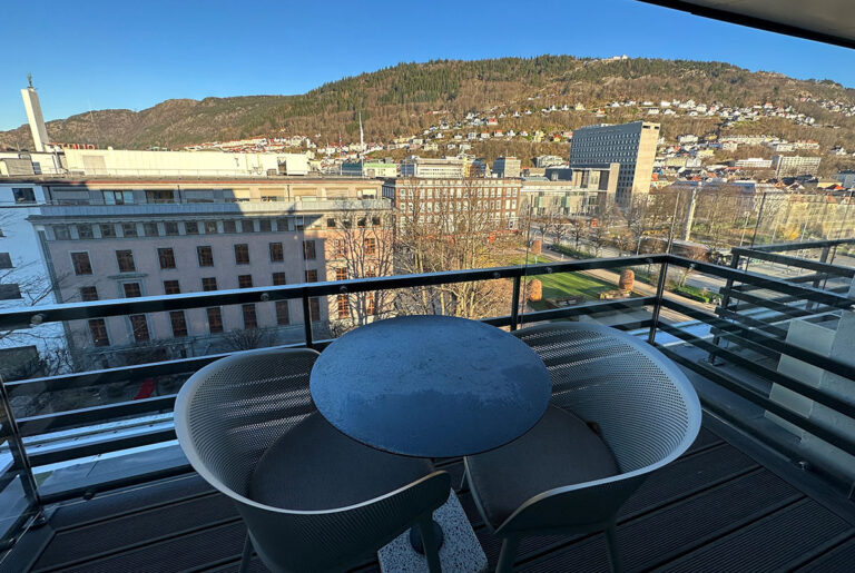 Balcony room at the Hotel Norge in Bergen, Norway.