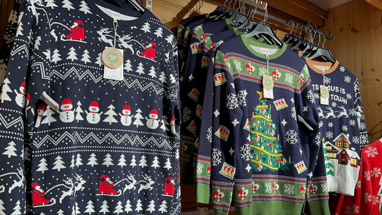 Festive sweatshirts on sale in Bergen's Julehuset.