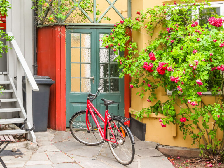 A bicycle outside Damstredet, a historic street in Oslo, Norway.