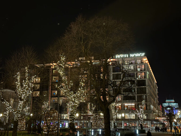 Winter lights on the trees outside Hotel Norge in Bergen.