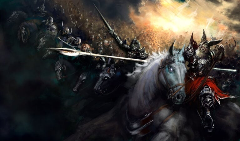 The Scandinavian wild hunt with God Odin at the head, an army of ghost riders galloping behind him, they are illuminated by the sacred light of Valhalla.