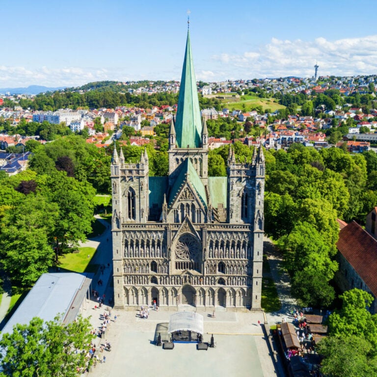 Aerial view of Nidaros Cathedral in Trondheim, Norway.