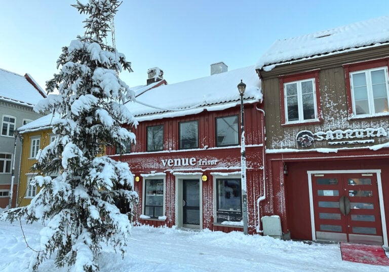 Trondheim's Bakklandet neighbourhood in the snow.