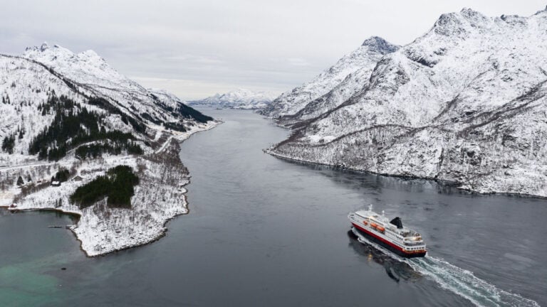 Norway's coastal ferry in the winter landscape.