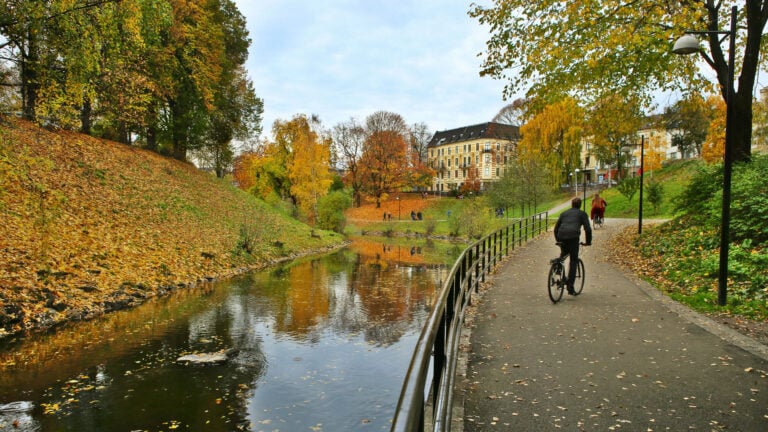 Cyclist on the Akerselva river walk in Oslo.