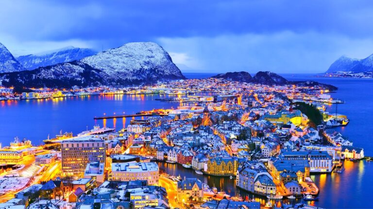 A panorama of Ålesund at night.