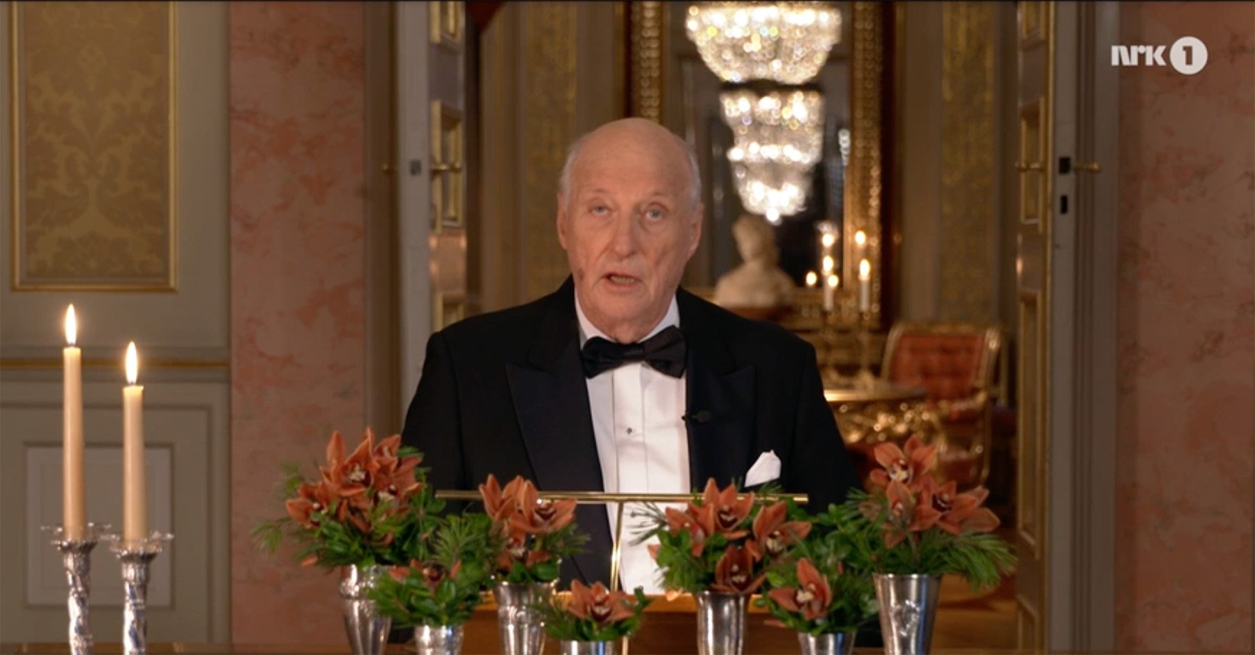 King Harald giving his New Year speech live on NRK1.