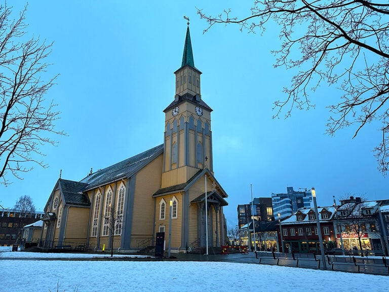 Tromsø cathedral in blue hour.