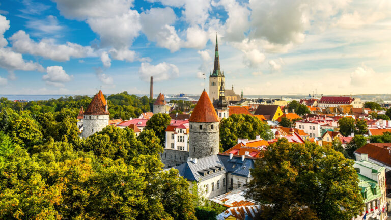 View across medieval old town of Tallinn, Estonia.