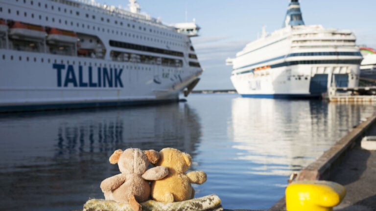 Two toy bears watching ferries that sail between Helsinki and Tallinn.