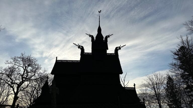 Silhouette of Fantoft stave church in Bergen, Norway.