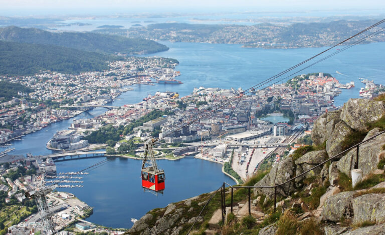 A view of Bergen including the cable car.