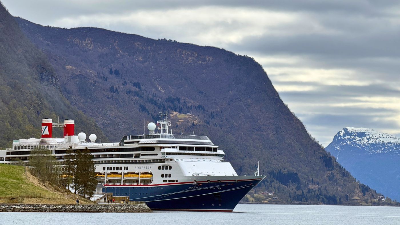 Fred Olsen Borealis cruise ship docked in Skjolden, Norway. Photo: David Nikel.