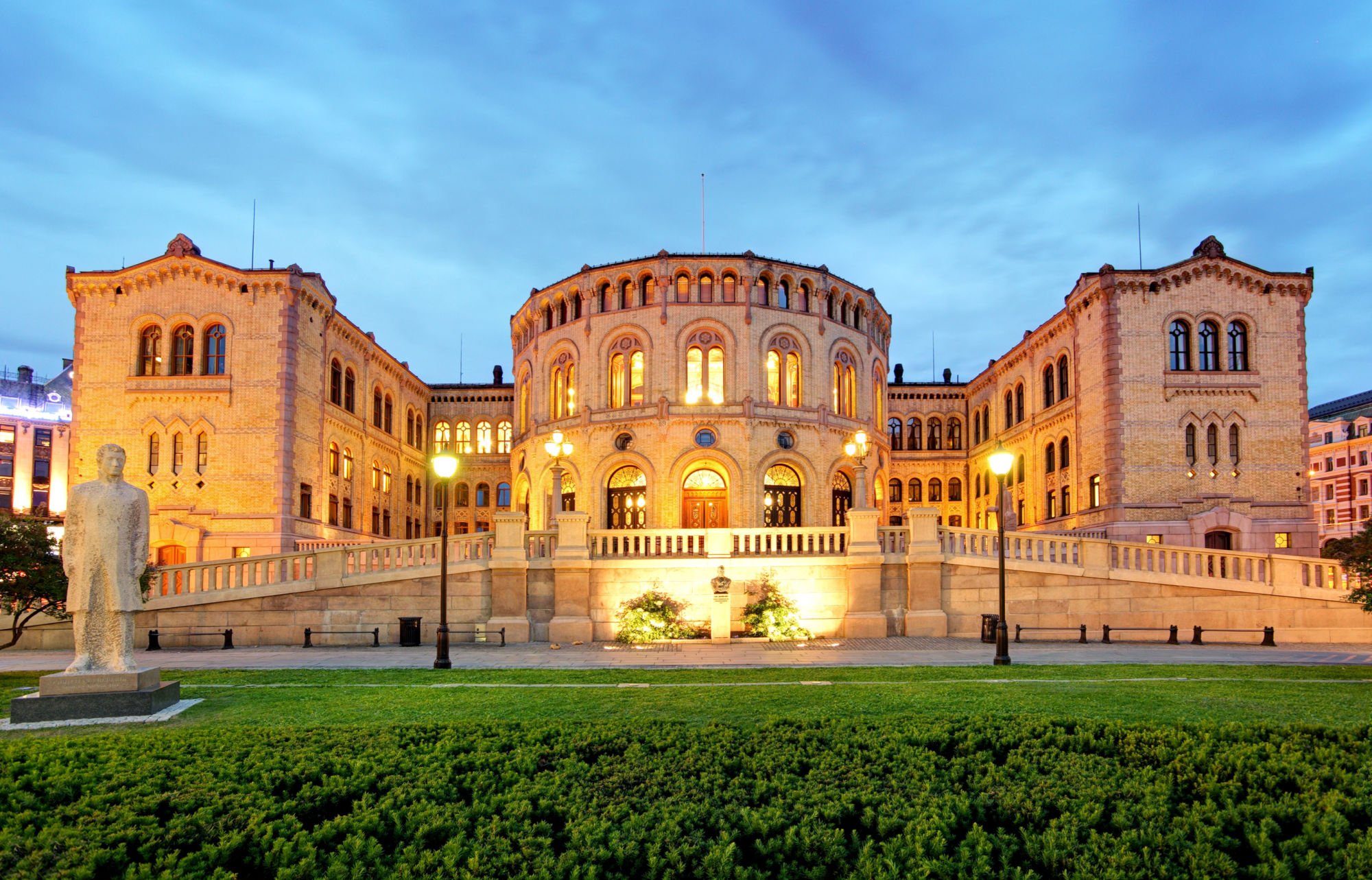 Oslo: Norway's Parliament building in the evening.
