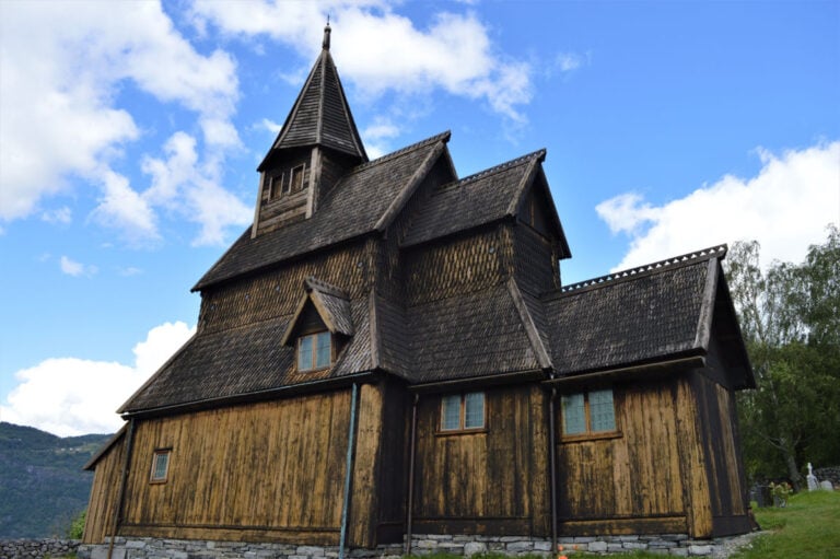 Side view of Urnes wooden church in Norway.
