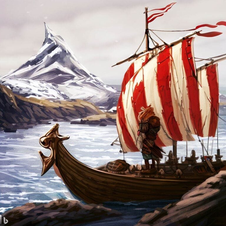Erik the Red arriving in Greenland by Viking boat. Image by Bing AI.