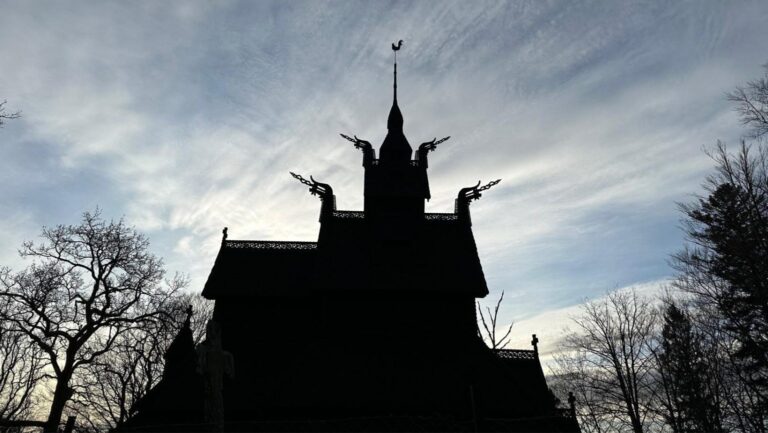 Fantoft Stave Church in silhouette. Photo: David Nikel.