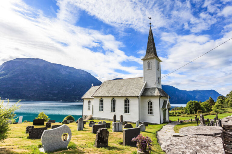 Nes church at the Lusterfjord in Norway.