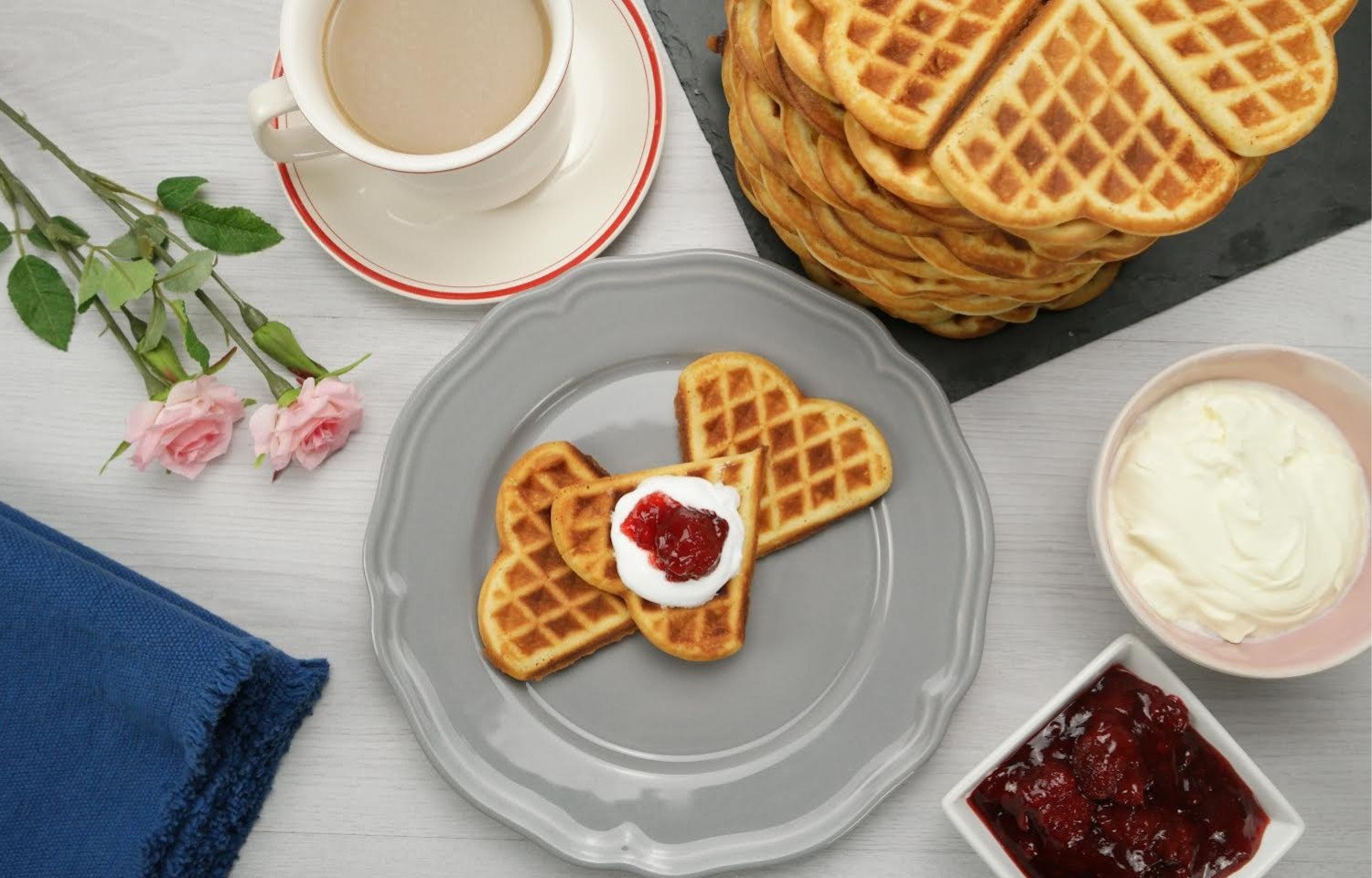 Norwegian waffles served in the traditional heart shape.