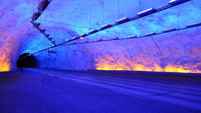 Lights change colour inside the Lærdal tunnel.