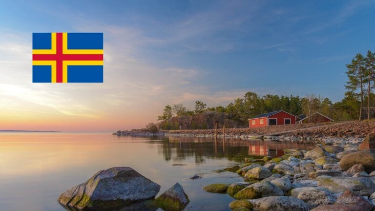 Åland Islands landscape and flag.