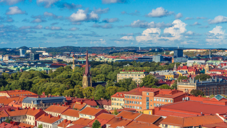 Aerial view of Haga Church in Gothenburg, Sweden.