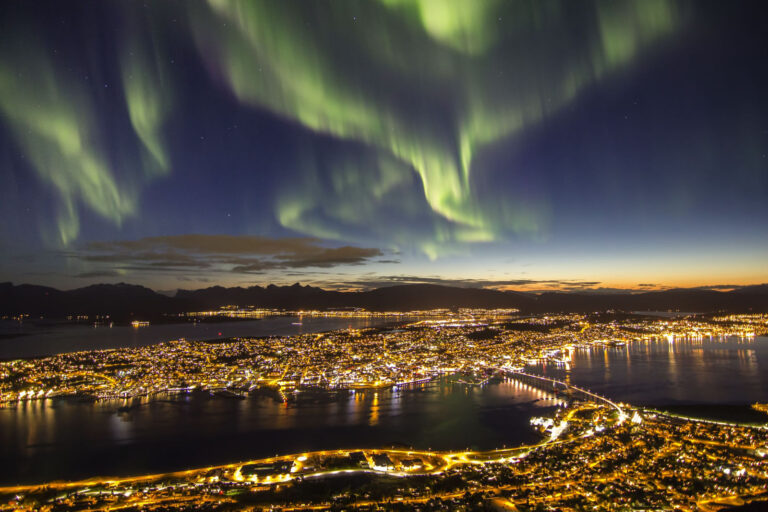 Aurora borealis display above Tromso, Norway.