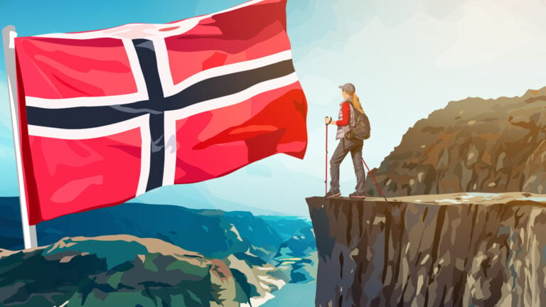 Hiker and the flag of Norway, key elements of Norwegian culture.