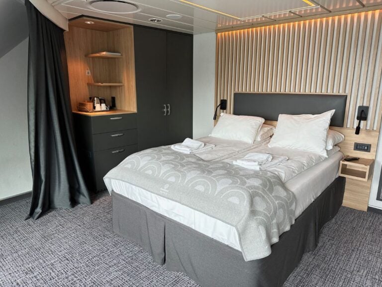 A premium cabin on the Havila Capella coastal cruise ship.